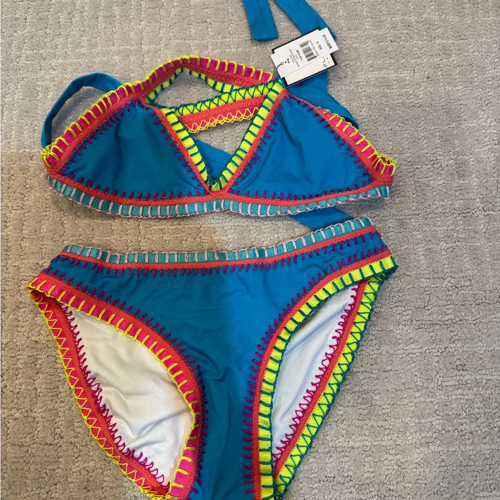 Kids Swimwear Set - Blue with Multicolor Trim